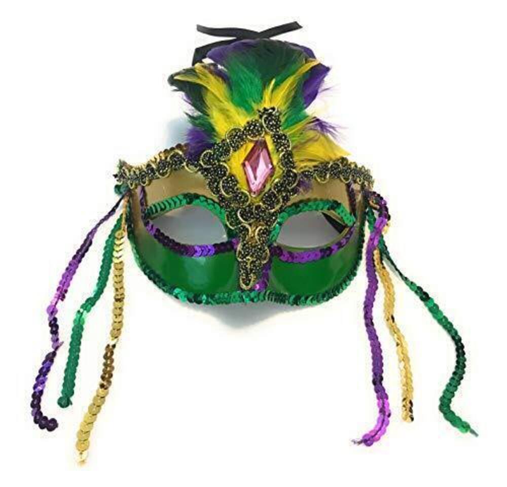 9799 Mardi Gras Mask - Sequin Feathers Purple Green Gold Masquerade Ball